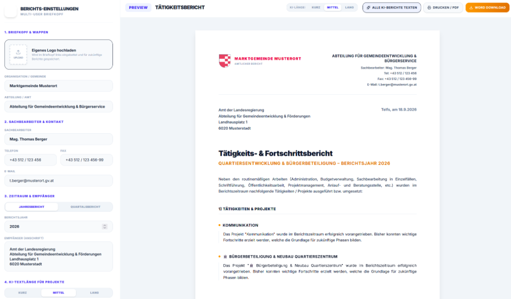 Stratum Berichtsgenerator: Druckfertiger Tätigkeits- und Fortschrittsbericht mit eigenem Briefkopf