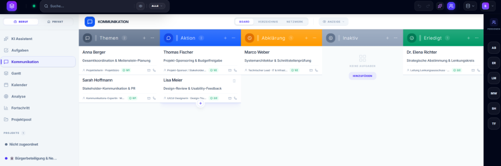Stratum Board: Farbcodiertes Kanban mit Teammitgliedern und Status-Tracking