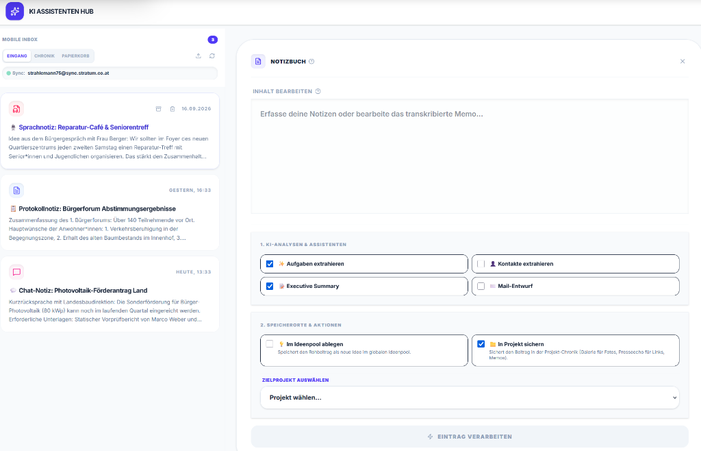 Stratum KI Hub: Sprachmemos, automatische Aufgabenextraktion und Notizbuch